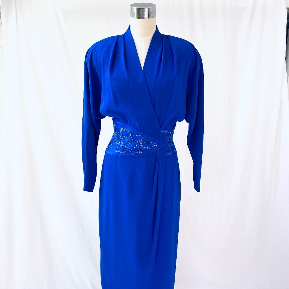 Vintage 80’s  Daymor Couture Blue Wrap Style Dress with Beaded Embellishments‎ S